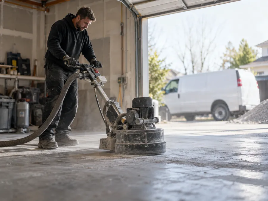 Diamond grinder preparing a concrete slab before coating